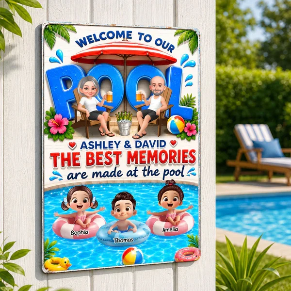 Personalized Rectangular Iron Sign, Cartoon Grandparents & Grandkids Pool Decor, Unique Gift - Image 3