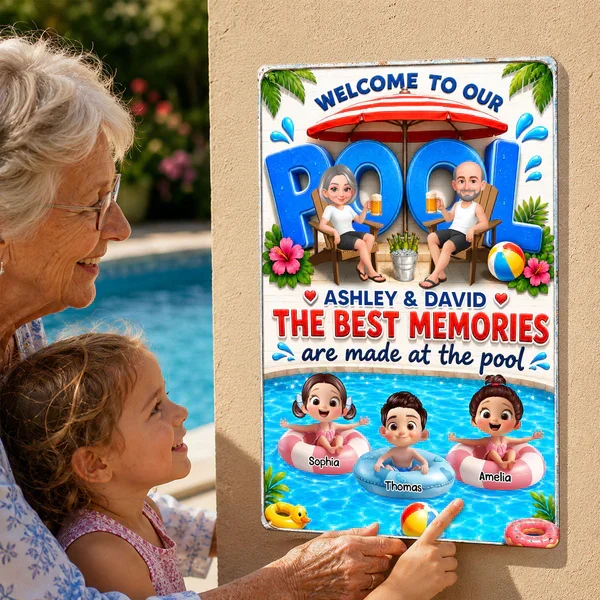 Personalized Rectangular Iron Sign, Cartoon Grandparents & Grandkids Pool Decor, Unique Gift - Image 6