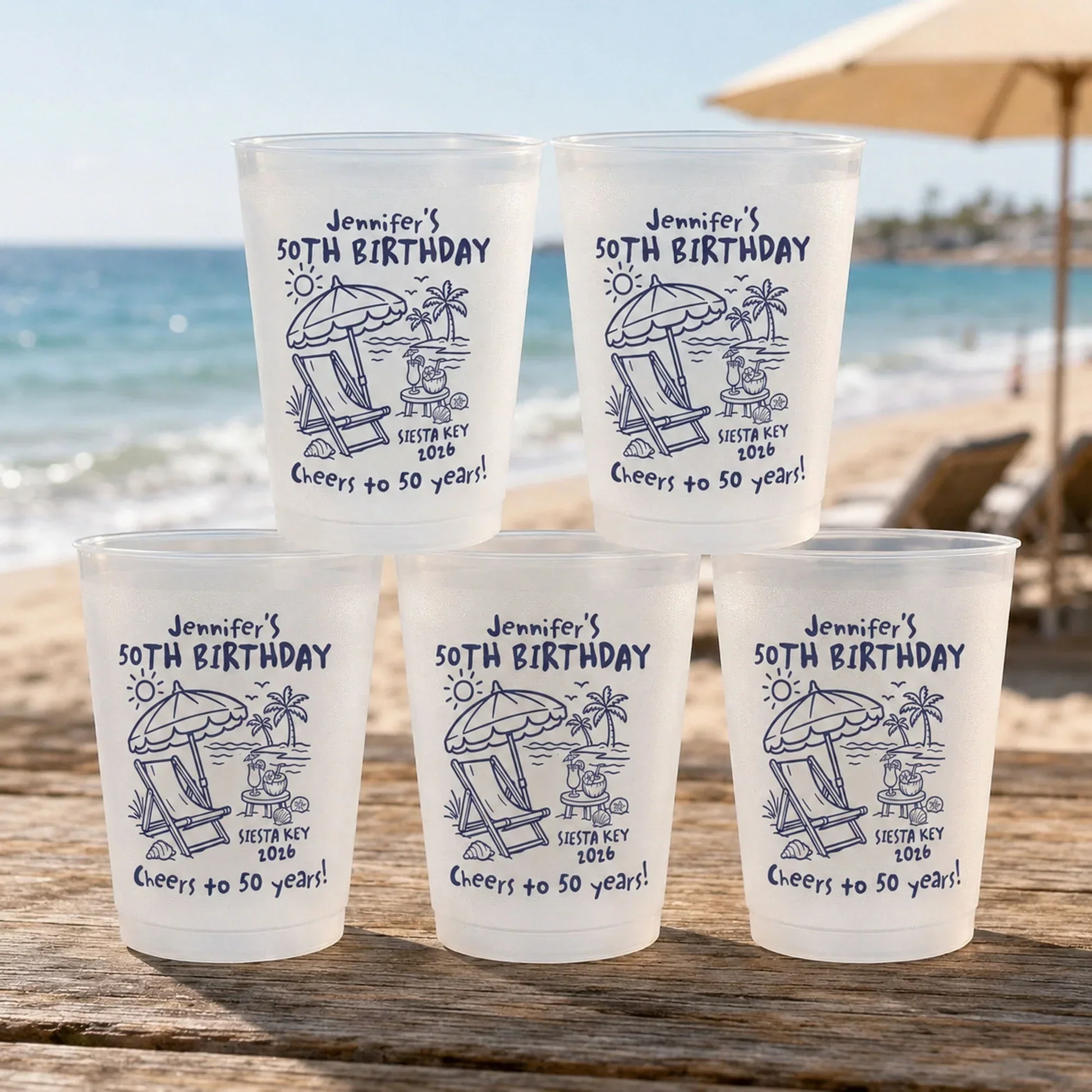 Personalized Frosted Plastic Cup with Navy Coastal Line Art, Unique Birthday Gift for Beach Party