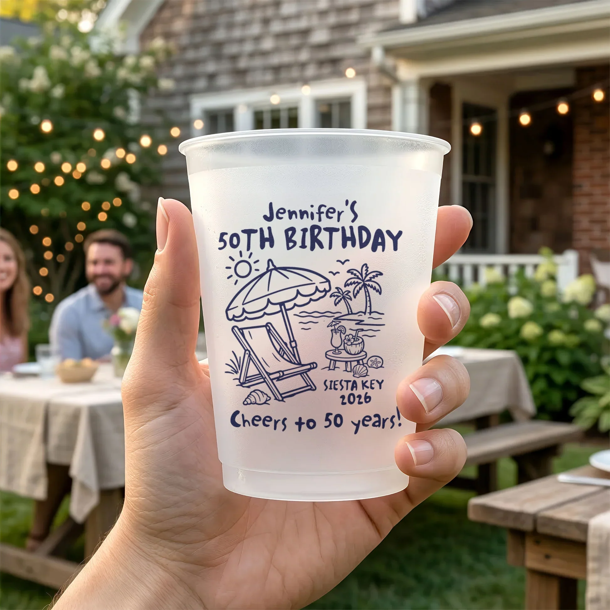 Personalized Frosted Plastic Cup with Navy Coastal Line Art, Unique Birthday Gift for Beach Party - Image 3