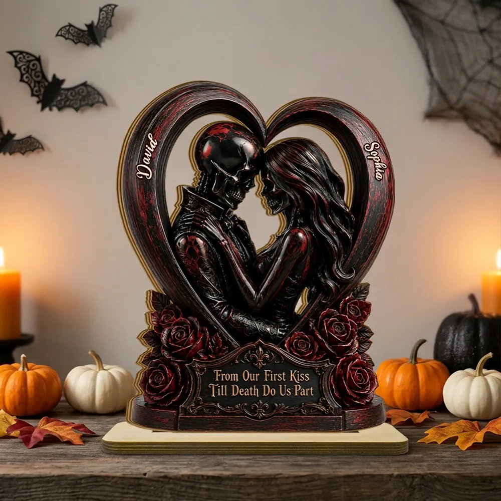 Personalized 2-Layer Wooden Plaque with Gothic Heart & Roses, From Our First Kiss Creative Gift for Couple