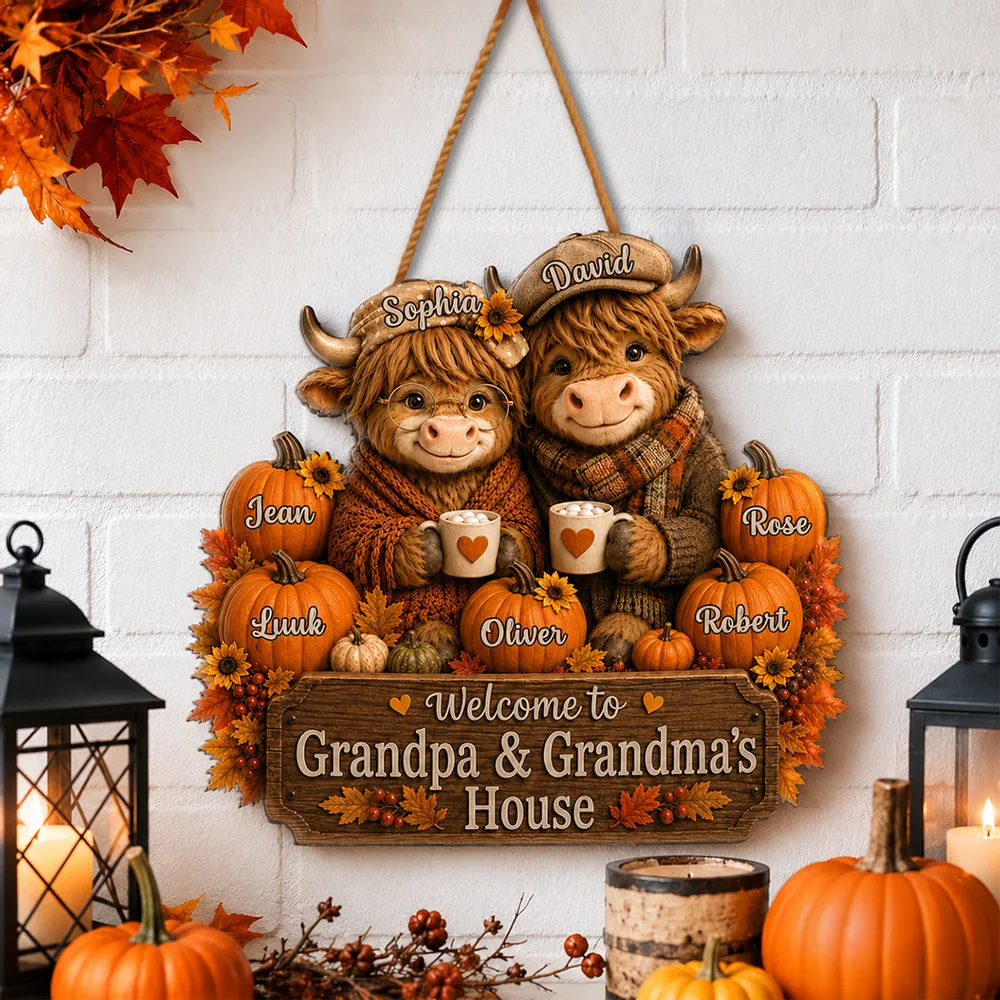 Personalized Wooden Sign with Highland Cows Holding Mugs, Fall Decor for Grandpa & Grandma, Unique Gift