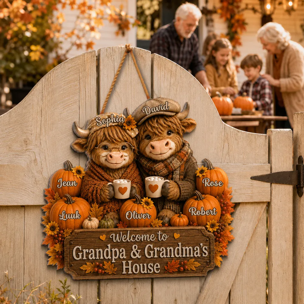 Personalized Wooden Sign with Highland Cows Holding Mugs, Fall Decor for Grandpa & Grandma, Unique Gift - Image 2