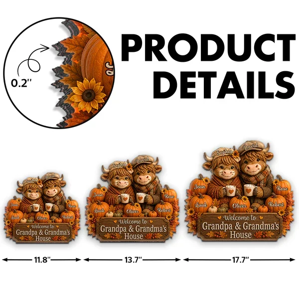 Personalized Wooden Sign with Highland Cows Holding Mugs, Fall Decor for Grandpa & Grandma, Unique Gift - Image 4