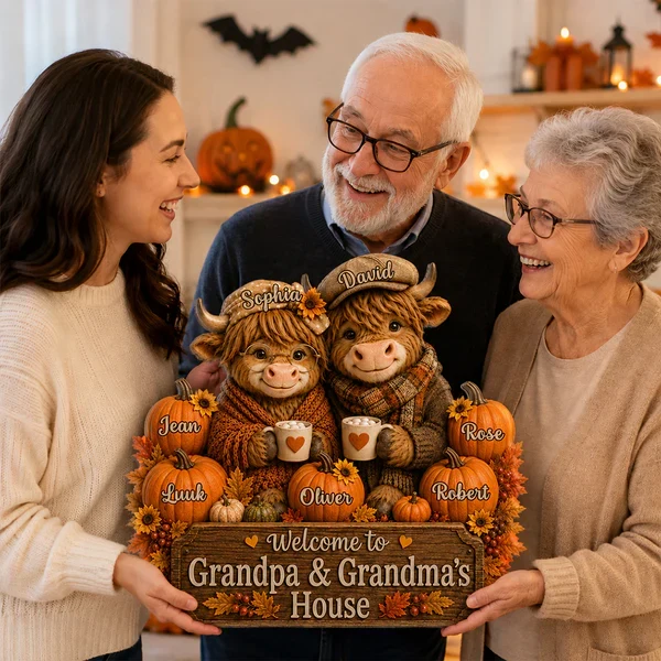 Personalized Wooden Sign with Highland Cows Holding Mugs, Fall Decor for Grandpa & Grandma, Unique Gift - Image 6