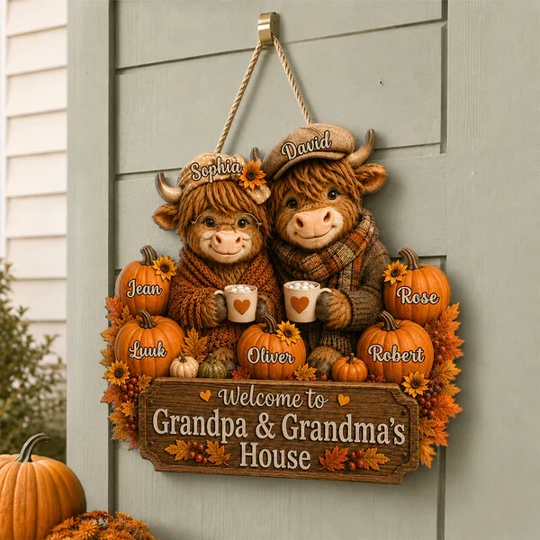 Personalized Wooden Sign with Highland Cows Holding Mugs, Fall Decor for Grandpa & Grandma, Unique Gift - Image 7