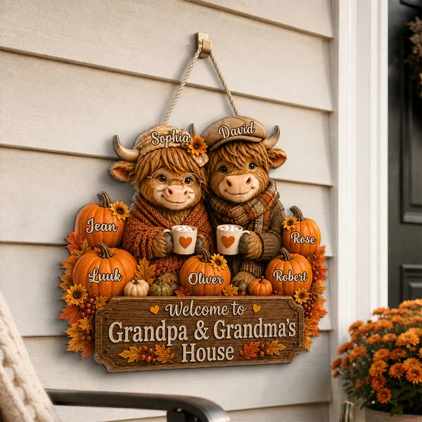 Personalized Wooden Sign with Highland Cows Holding Mugs, Fall Decor for Grandpa & Grandma, Unique Gift - Image 8