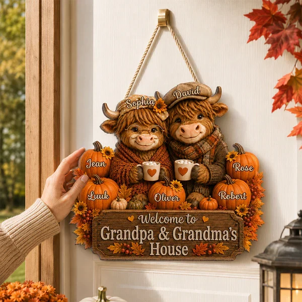 Personalized Wooden Sign with Highland Cows Holding Mugs, Fall Decor for Grandpa & Grandma, Unique Gift - Image 9