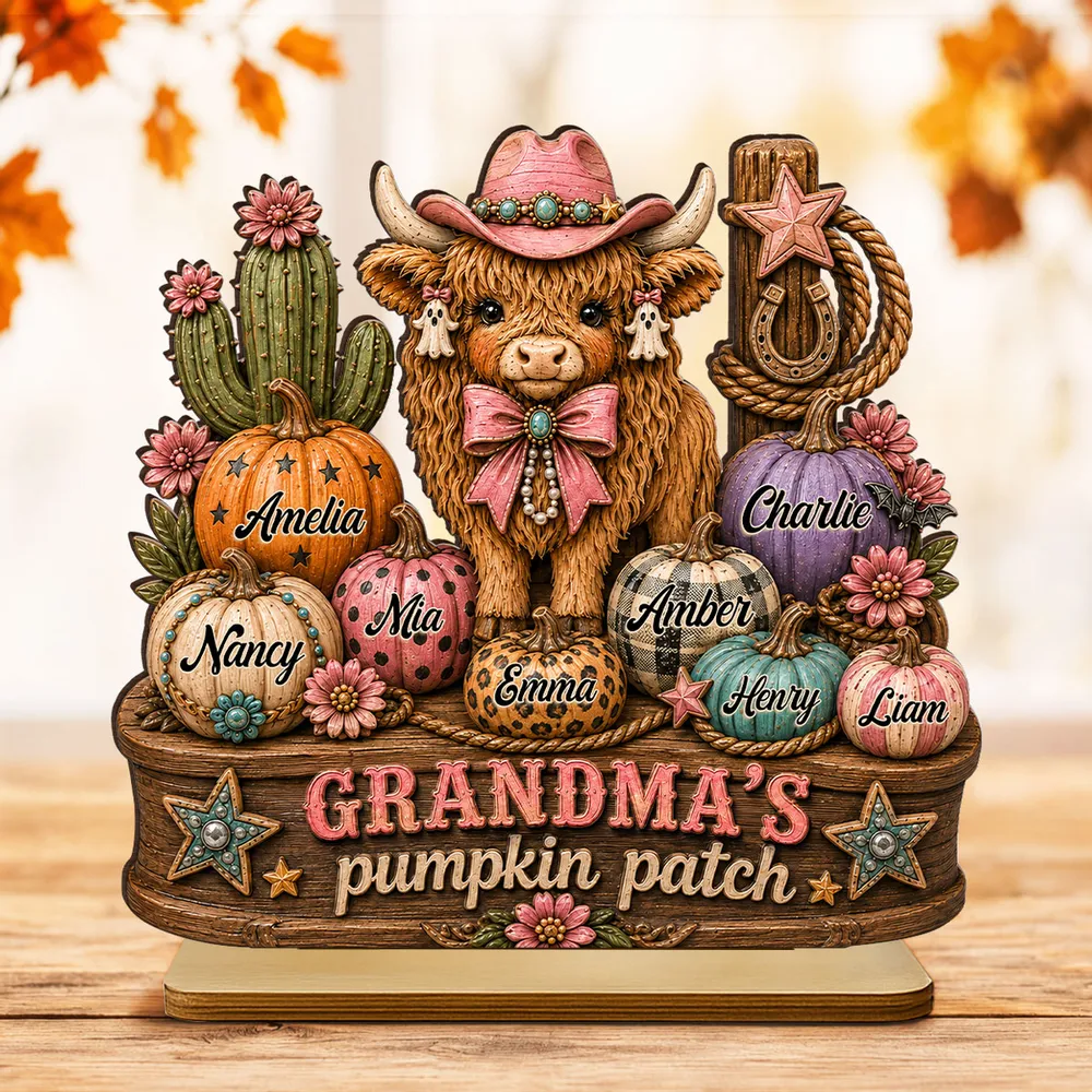 Personalized 2-Layer Wooden Plaque, Grandma's Pumpkin Patch, Western Highland Cow, Unique Creative Gift