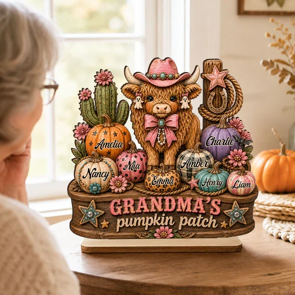 Personalized 2-Layer Wooden Plaque, Grandma's Pumpkin Patch, Western Highland Cow, Unique Creative Gift - Image 2