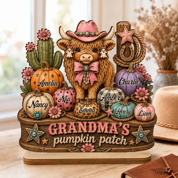 Personalized 2-Layer Wooden Plaque, Grandma's Pumpkin Patch, Western Highland Cow, Unique Creative Gift - Image 6