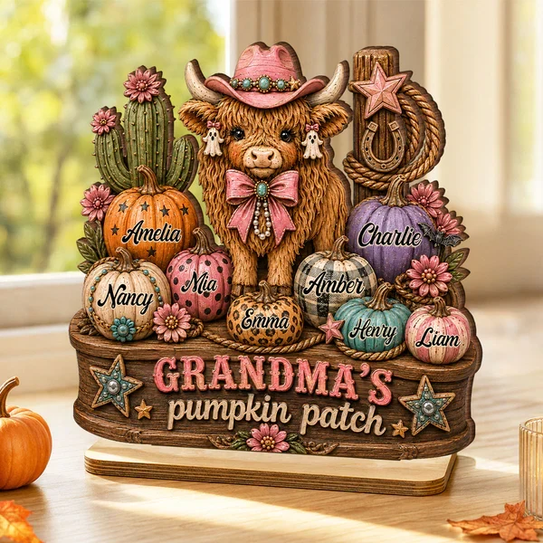 Personalized 2-Layer Wooden Plaque, Grandma's Pumpkin Patch, Western Highland Cow, Unique Creative Gift - Image 7