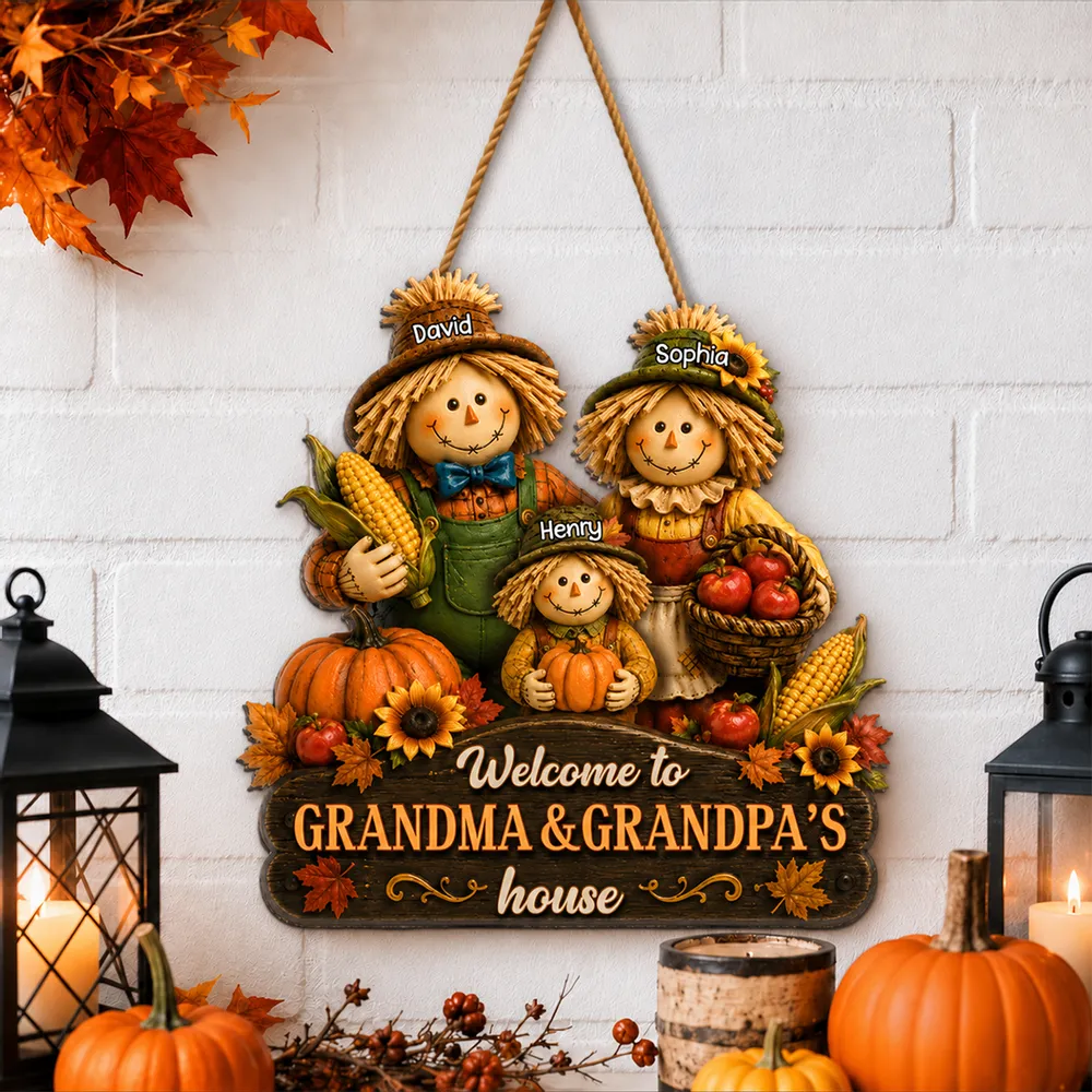 Personalized Wooden Sign with Scarecrow Family, Fall Door Decor, Unique Gift for Grandma & Grandpa