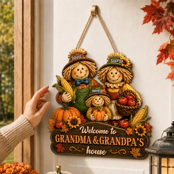 Personalized Wooden Sign with Scarecrow Family, Fall Door Decor, Unique Gift for Grandma & Grandpa - Image 2