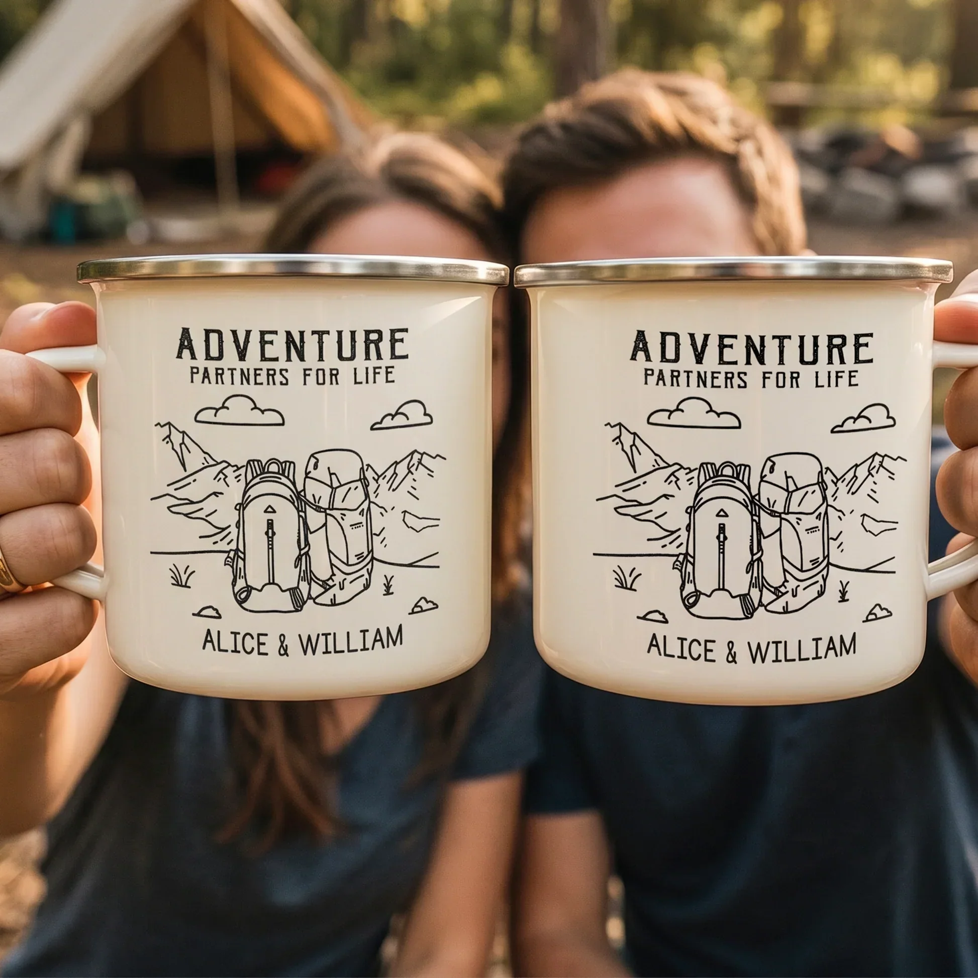 Personalized Enamel Mug, Couple Holding Camping Design, Creative Gift For Adventure Partners