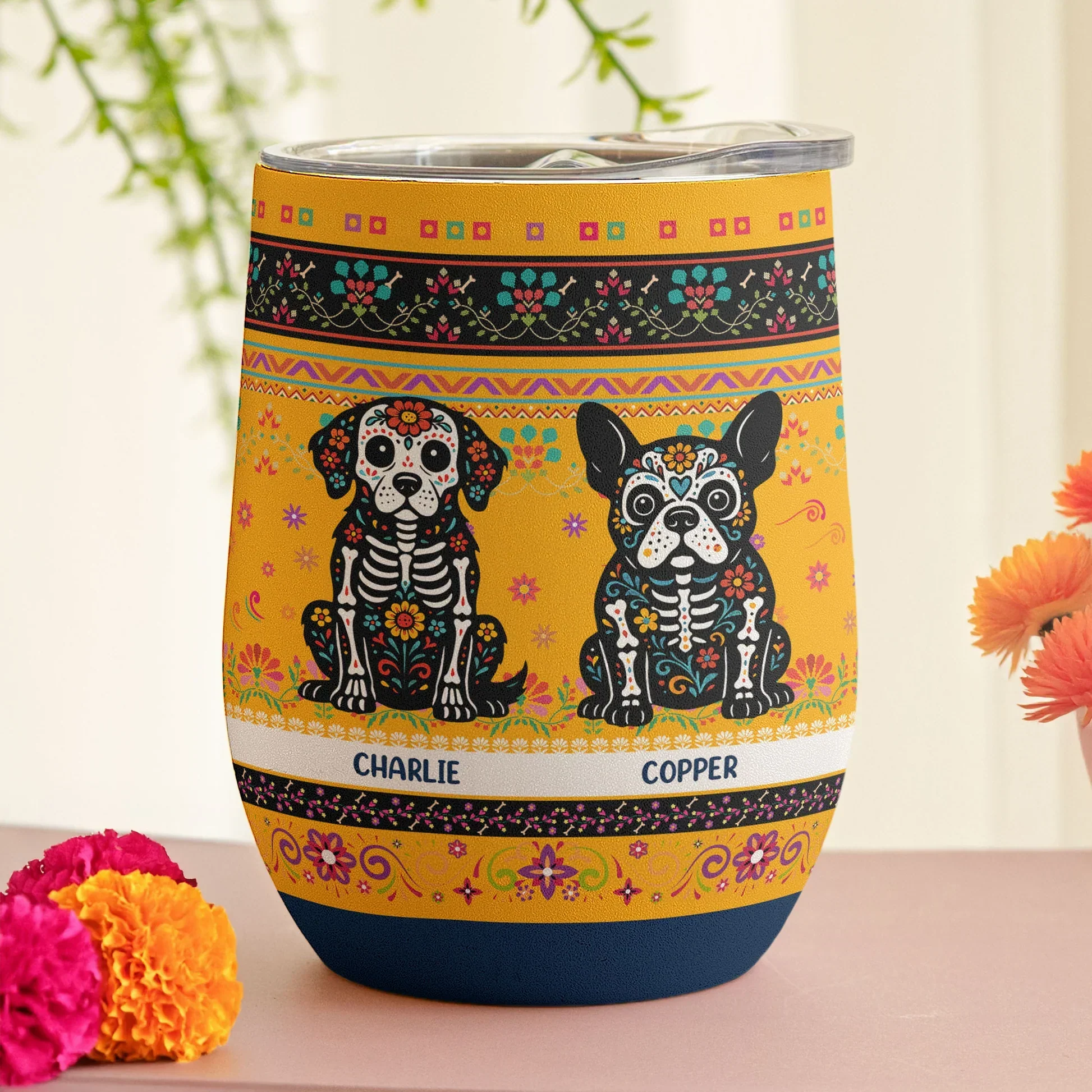 Personalized Eggshell Cup with Day of the Dead Dog Art, Mexican Floral Design, Unique Gift for Dog Lovers