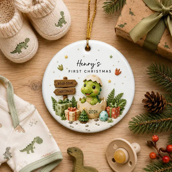 Personalized Ceramic Ornament With Cute Baby Dinosaur, Unique First Christmas Keepsake Gift for Baby - Image 3