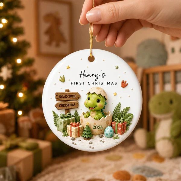 Personalized Ceramic Ornament With Cute Baby Dinosaur, Unique First Christmas Keepsake Gift for Baby - Image 4