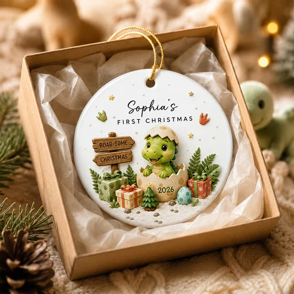 Personalized Ceramic Ornament With Cute Baby Dinosaur, Unique First Christmas Keepsake Gift for Baby - Image 5