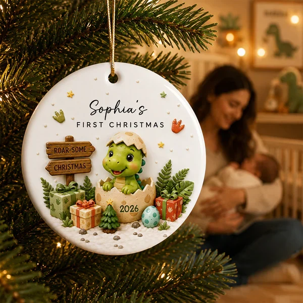 Personalized Ceramic Ornament With Cute Baby Dinosaur, Unique First Christmas Keepsake Gift for Baby - Image 7