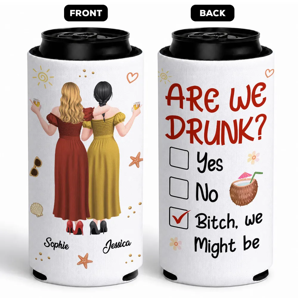 Personalized Can Cooler, Arm In Arm Friends With Drinks, Beach Party Style Unique Gift