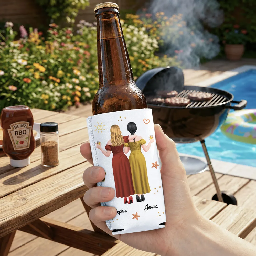 Personalized Can Cooler, Arm In Arm Friends With Drinks, Beach Party Style Unique Gift - Image 2