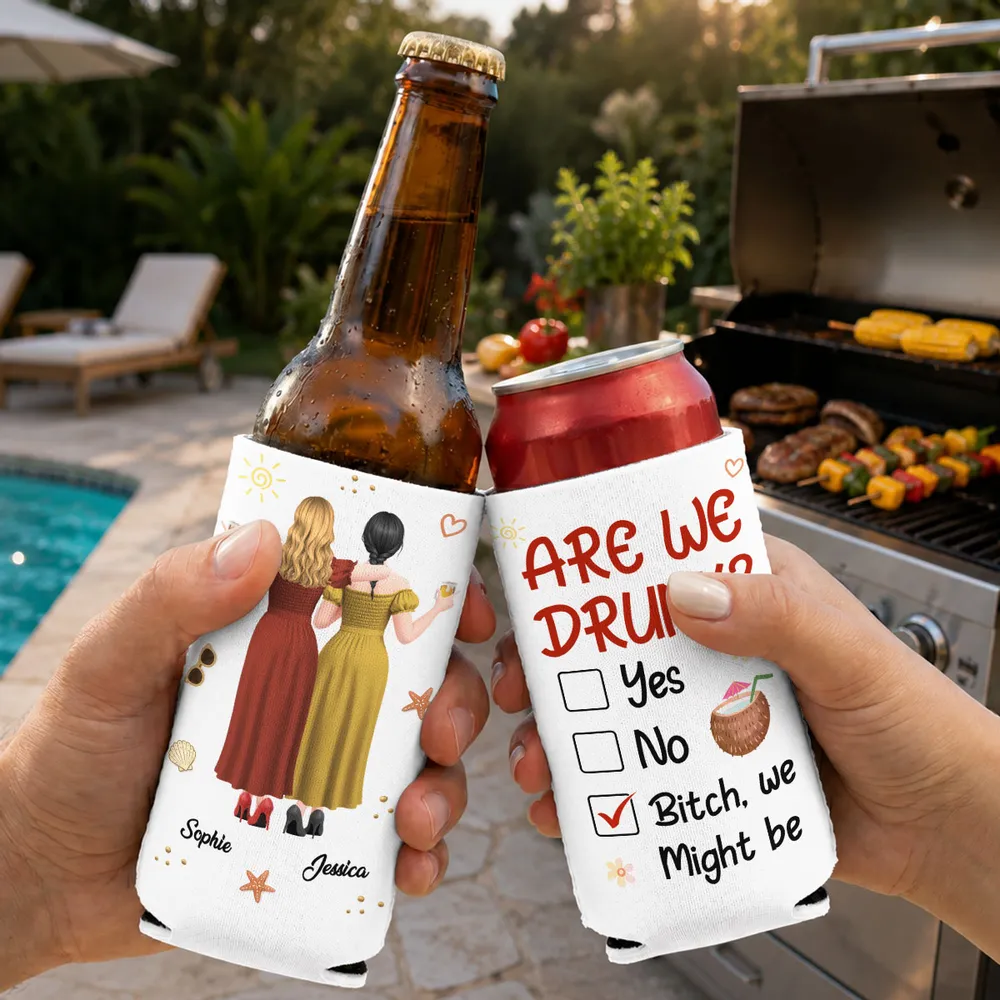 Personalized Can Cooler, Arm In Arm Friends With Drinks, Beach Party Style Unique Gift - Image 3