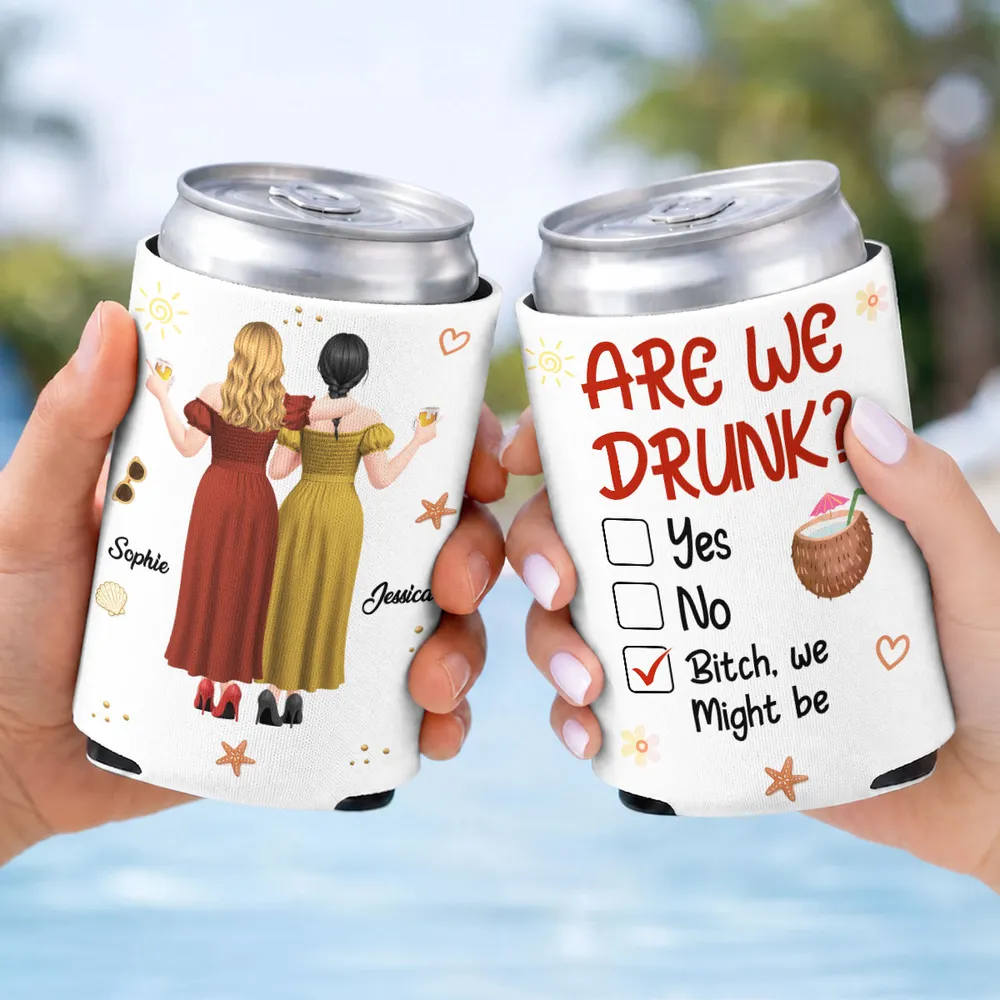 Personalized Can Cooler, Arm In Arm Friends With Drinks, Beach Party Style Unique Gift - Image 5