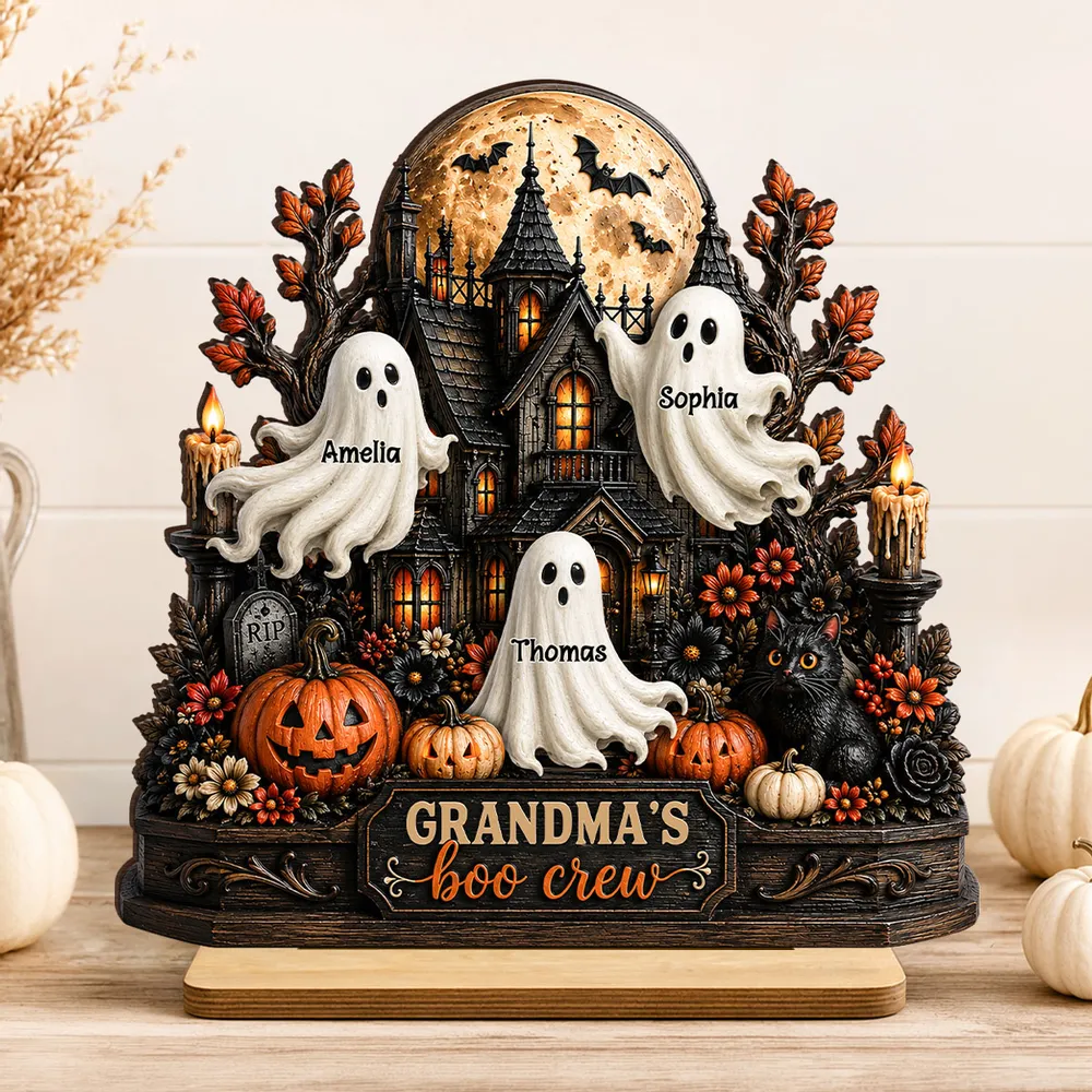 Personalized 2-Layer Wooden Plaque, Grandma's Boo Crew Halloween Decor, Unique Gift for Grandma