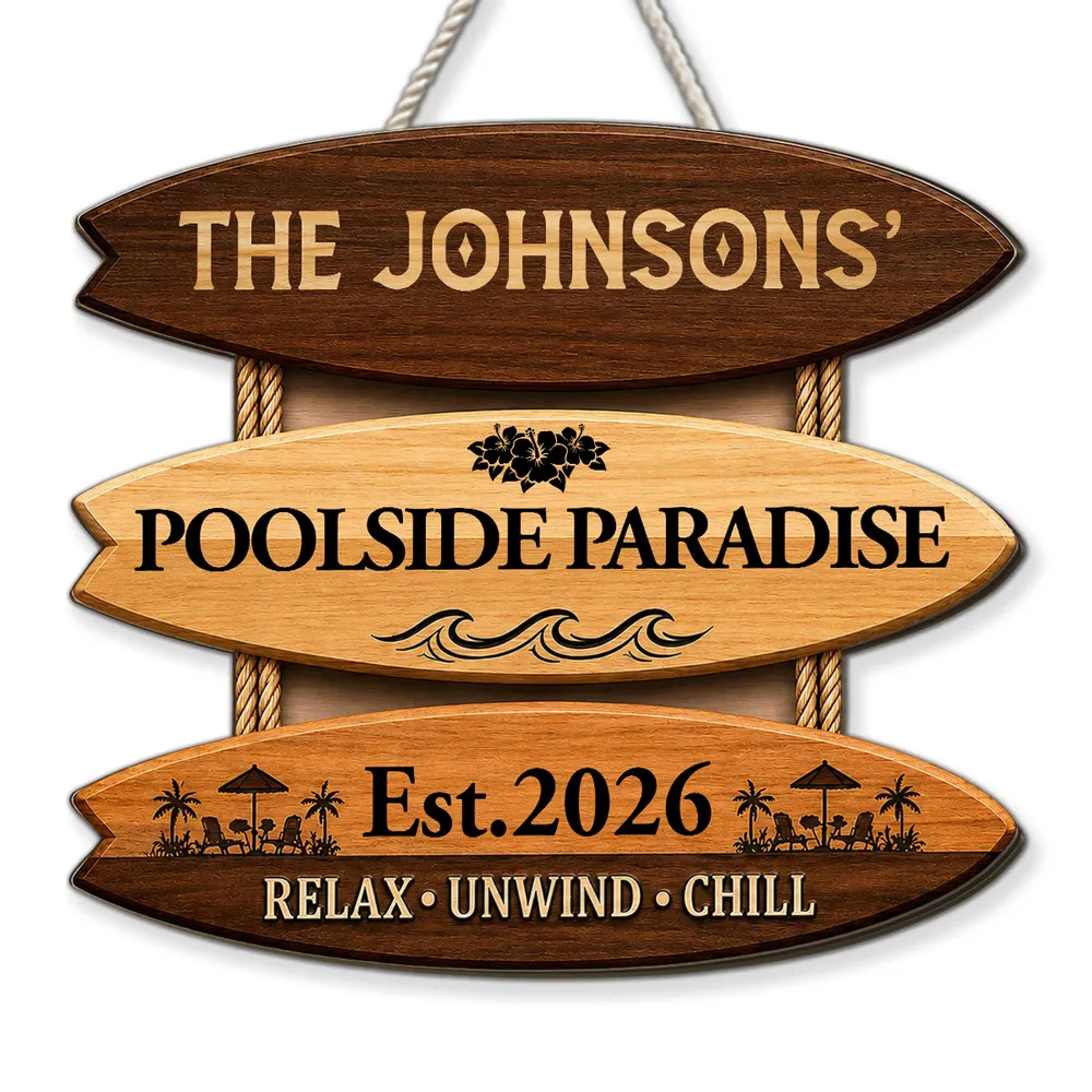 Personalized Wooden Sign, Poolside Paradise Tropical Waves Decor, Unique Creative Gift for Family