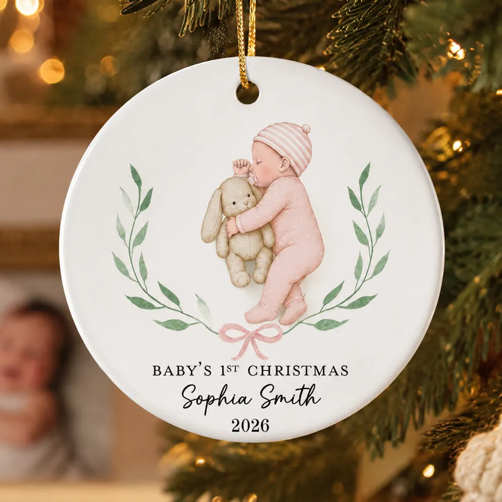 Personalized Ceramic Ornament, Baby's First Christmas Sleeping Baby, Unique Gift for New Parents