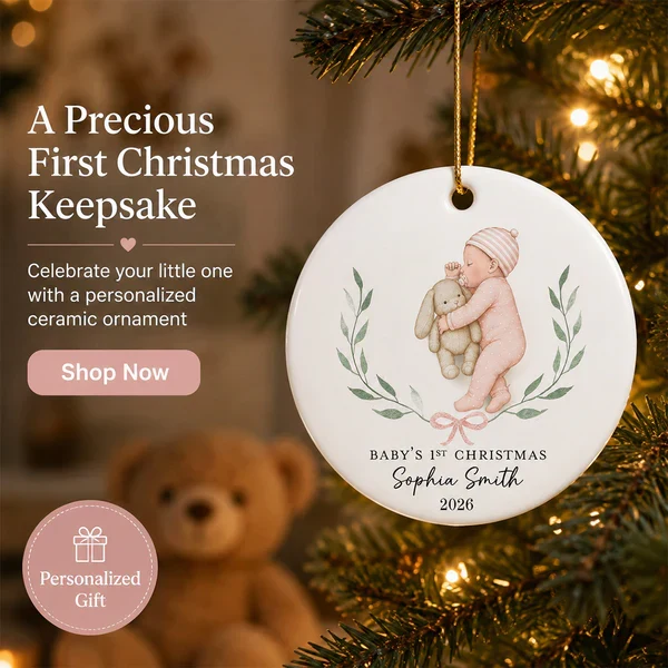 Personalized Ceramic Ornament, Baby's First Christmas Sleeping Baby, Unique Gift for New Parents - Image 9