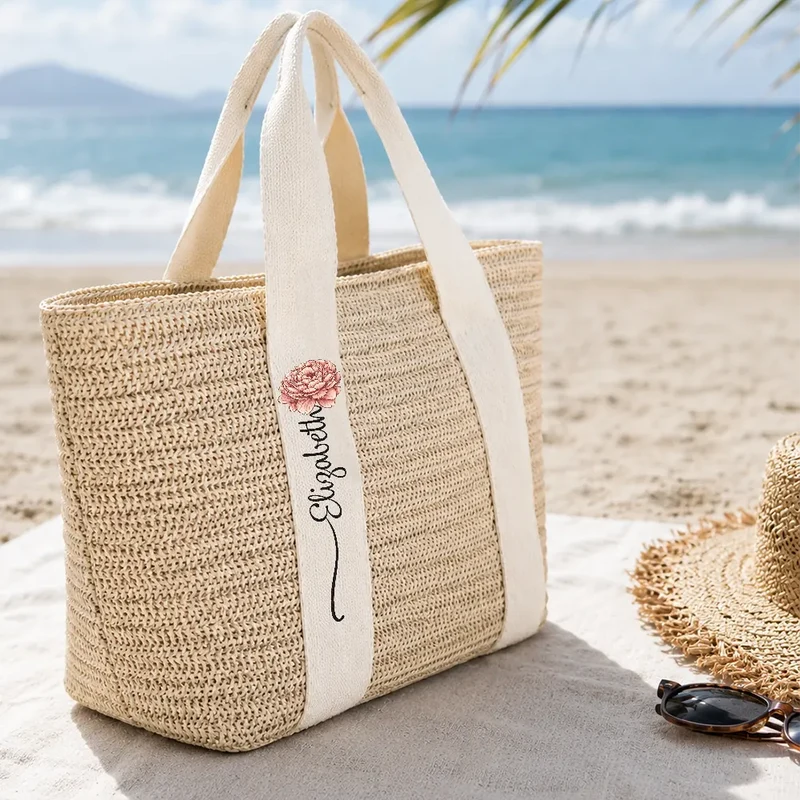 Custom Floral Straw Tote Bag for Beach Days, Creative Gift for Mom, Friend or Traveler - Image 2