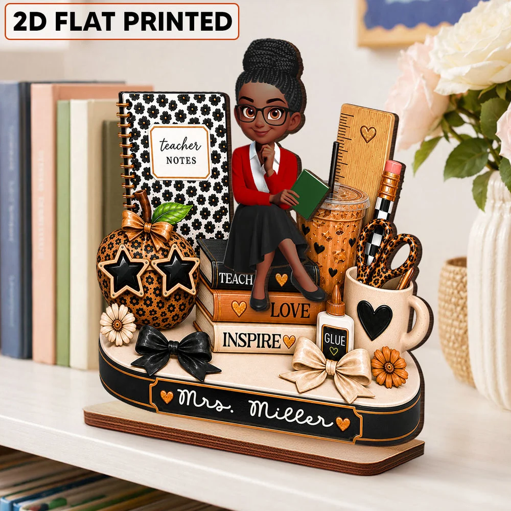 Personalized 2-Layer Wooden Plaque, Seated Teacher & Leopard Desk Decor, Unique Creative Gift for Teacher - Image 2