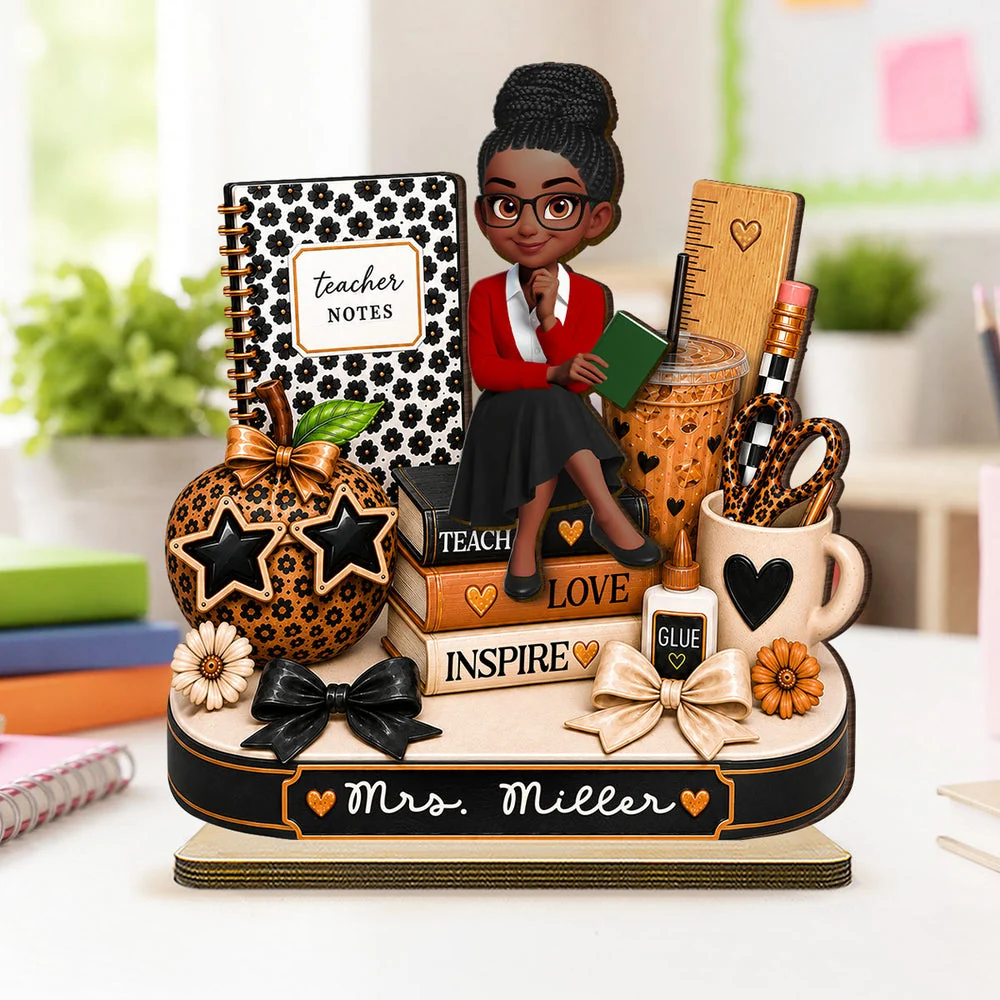 Personalized 2-Layer Wooden Plaque, Seated Teacher & Leopard Desk Decor, Unique Creative Gift for Teacher - Image 3