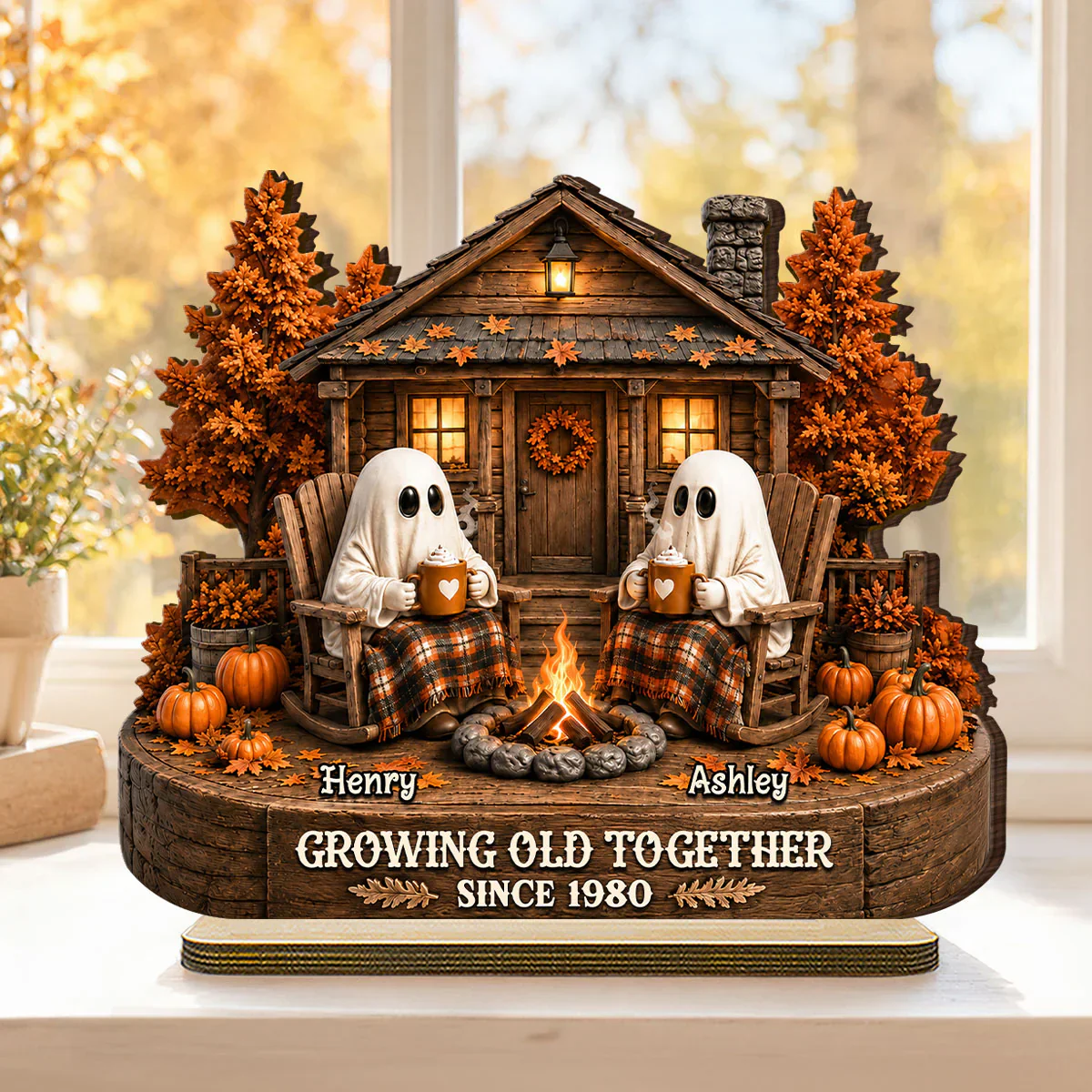 Personalized 2-Layer Wooden Plaque, Ghost Couple by Campfire, Unique Halloween Gift for Couples