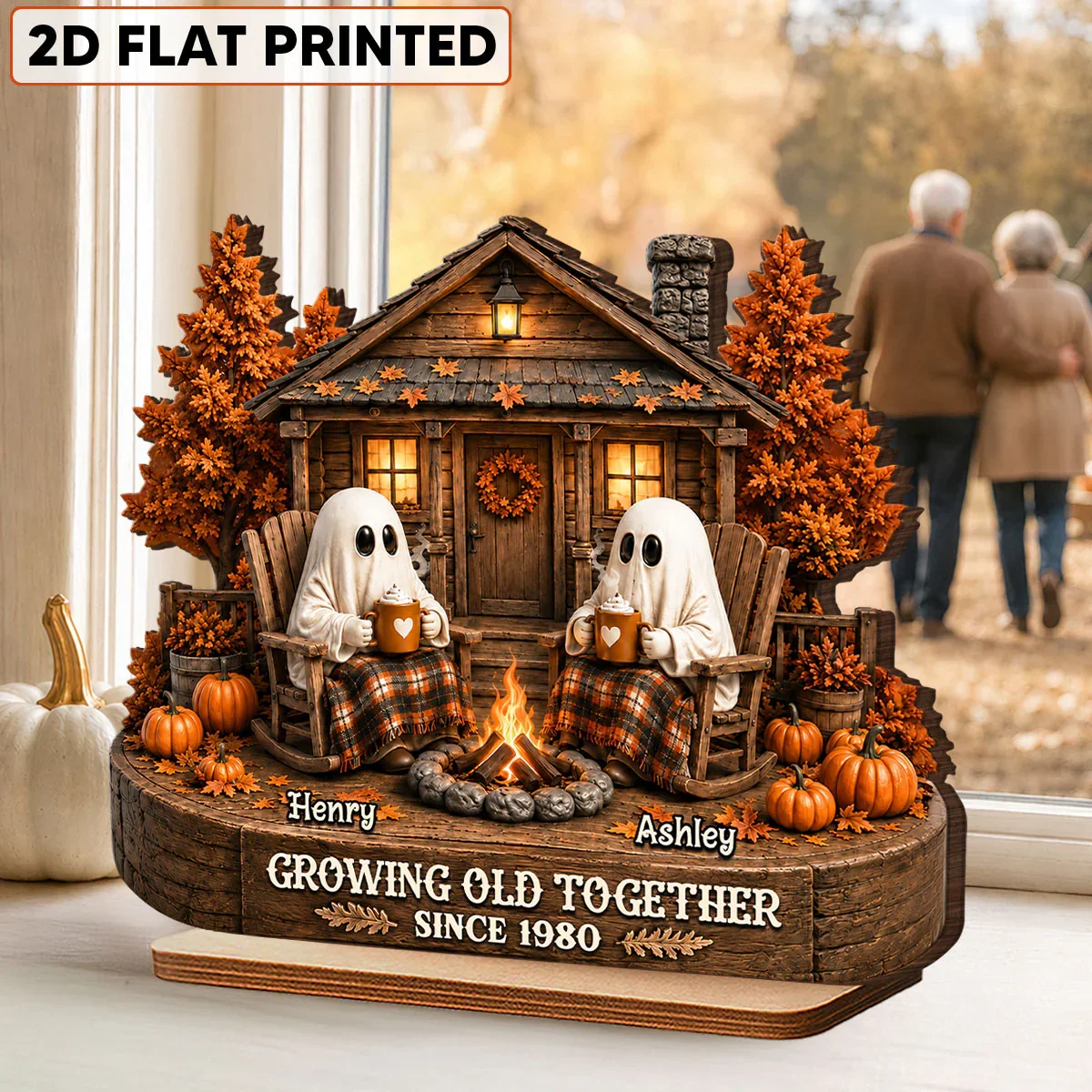 Personalized 2-Layer Wooden Plaque, Ghost Couple by Campfire, Unique Halloween Gift for Couples - Image 2
