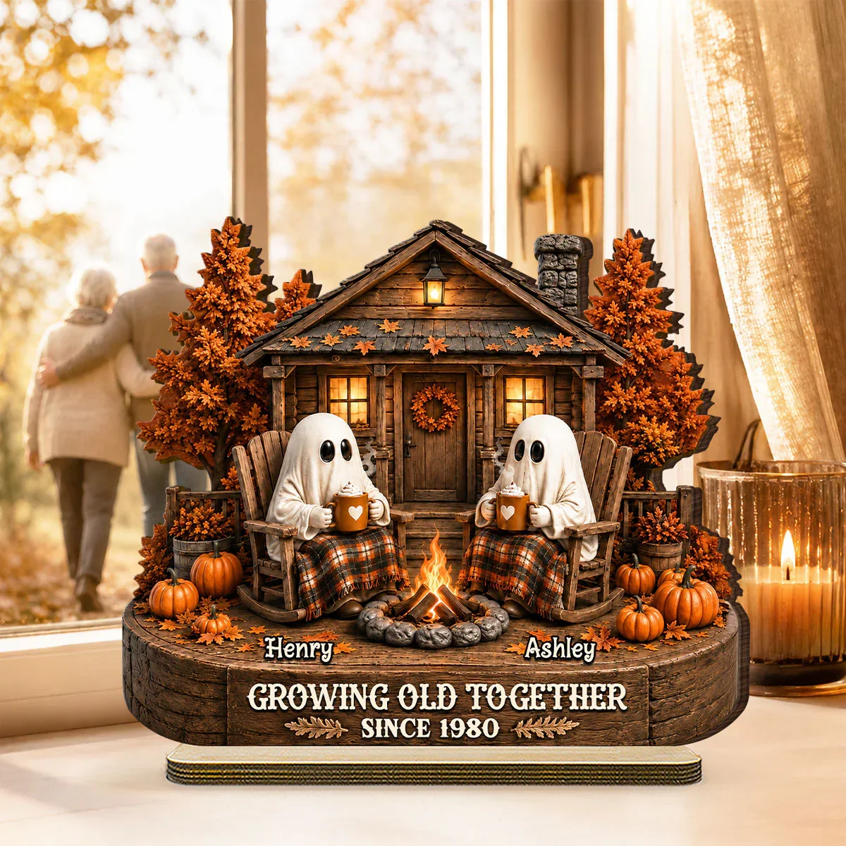 Personalized 2-Layer Wooden Plaque, Ghost Couple by Campfire, Unique Halloween Gift for Couples - Image 3