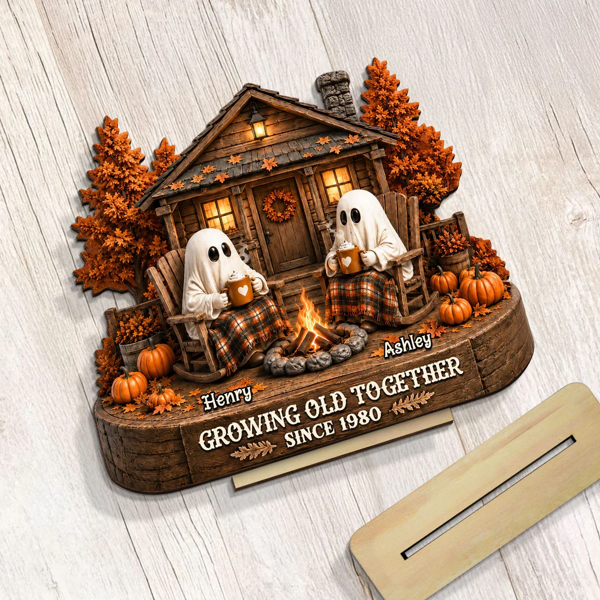 Personalized 2-Layer Wooden Plaque, Ghost Couple by Campfire, Unique Halloween Gift for Couples - Image 5