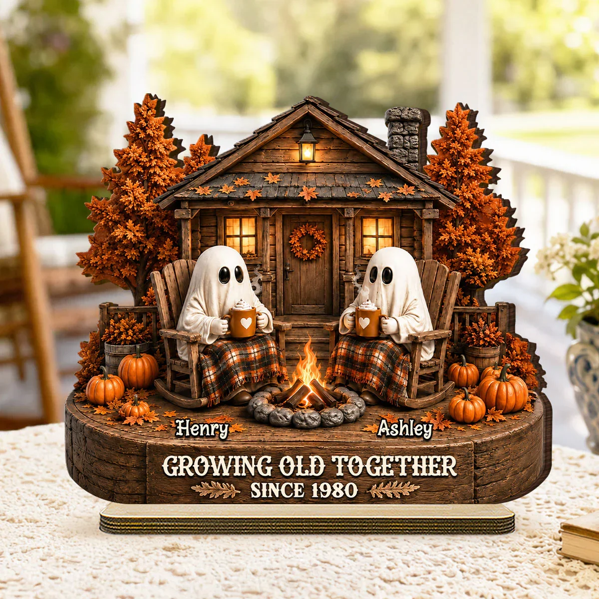 Personalized 2-Layer Wooden Plaque, Ghost Couple by Campfire, Unique Halloween Gift for Couples - Image 6