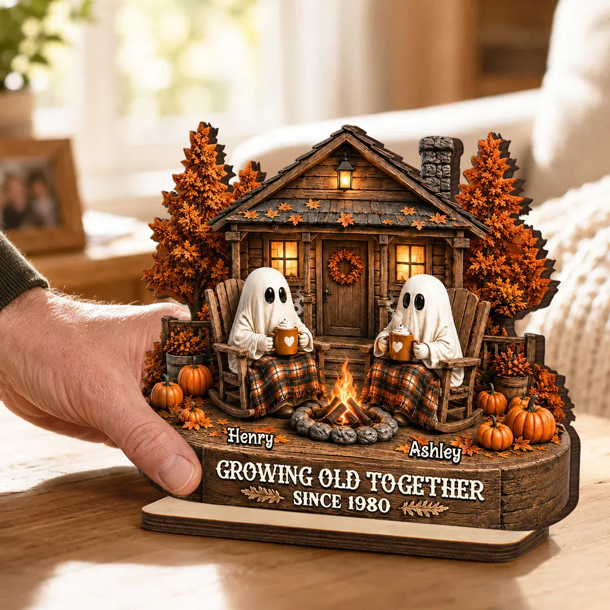 Personalized 2-Layer Wooden Plaque, Ghost Couple by Campfire, Unique Halloween Gift for Couples - Image 7