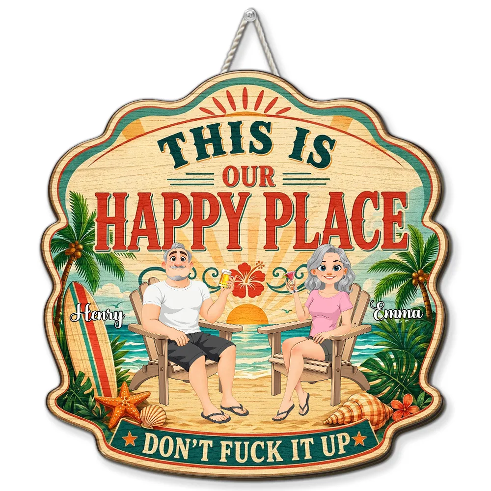 Personalized Wooden Sign With Tropical Happy Place Beach Lounge Scene, Unique Creative Gift for Couple