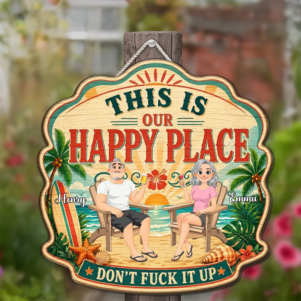 Personalized Wooden Sign With Tropical Happy Place Beach Lounge Scene, Unique Creative Gift for Couple - Image 2