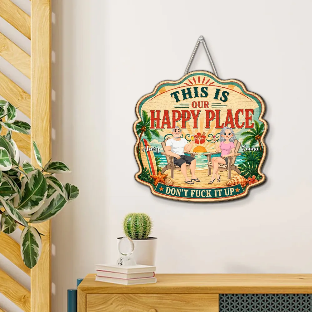 Personalized Wooden Sign With Tropical Happy Place Beach Lounge Scene, Unique Creative Gift for Couple - Image 3
