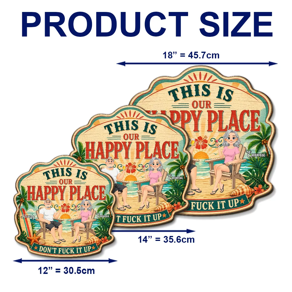 Personalized Wooden Sign With Tropical Happy Place Beach Lounge Scene, Unique Creative Gift for Couple - Image 4
