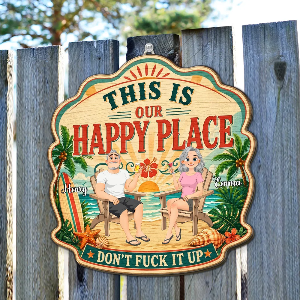 Personalized Wooden Sign With Tropical Happy Place Beach Lounge Scene, Unique Creative Gift for Couple - Image 5