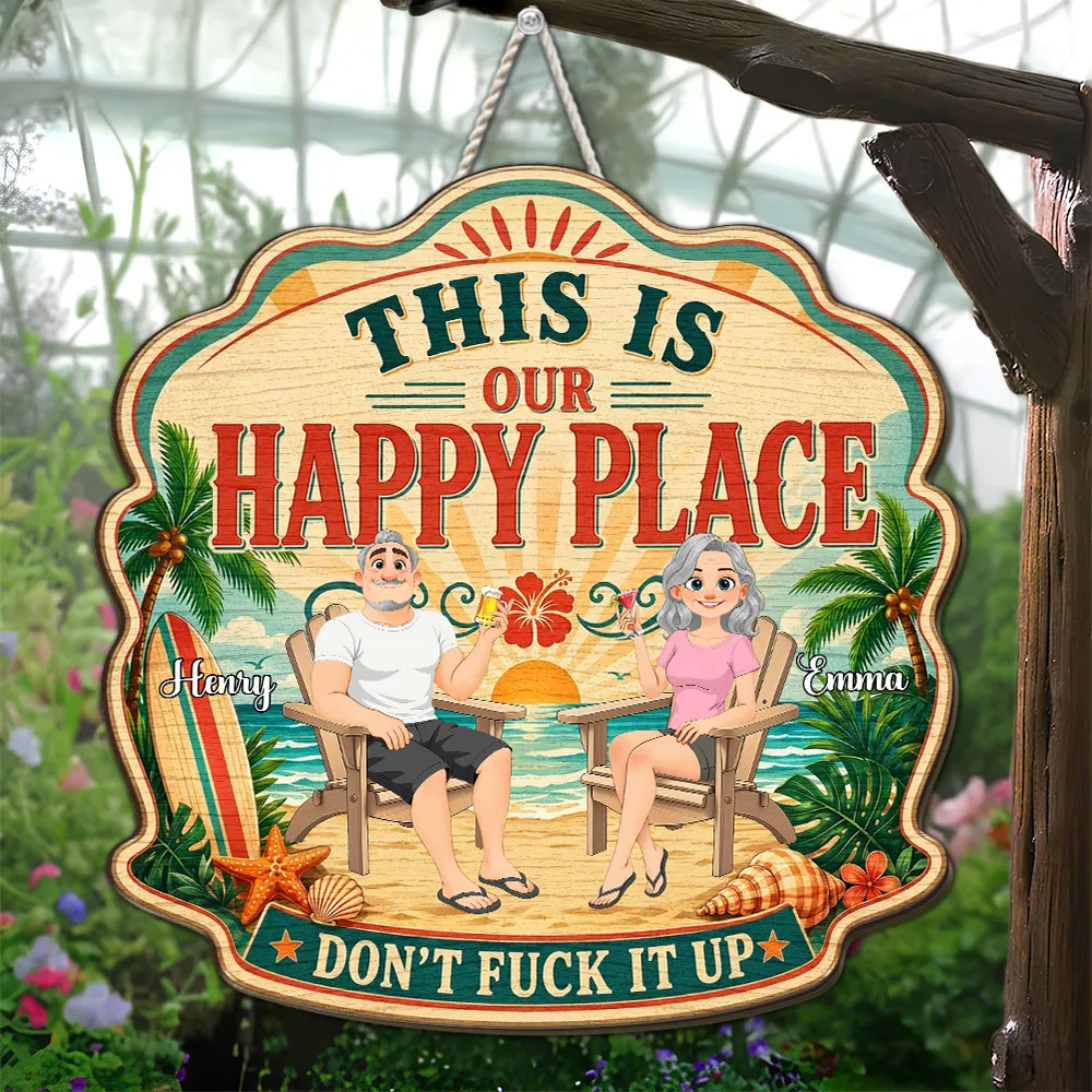 Personalized Wooden Sign With Tropical Happy Place Beach Lounge Scene, Unique Creative Gift for Couple - Image 6