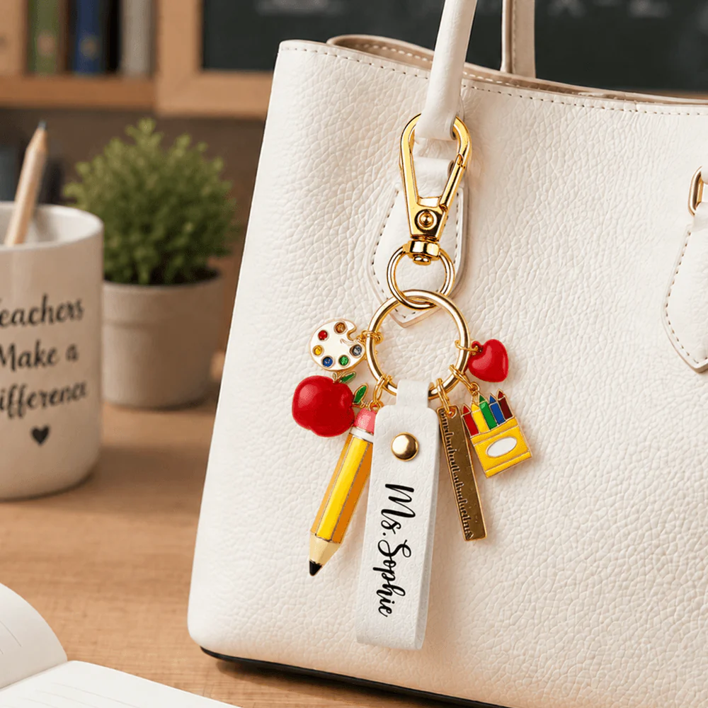Pencil Palette Keychain with Apple, Ruler & Art Charms, Creative Gift for Teacher Appreciation