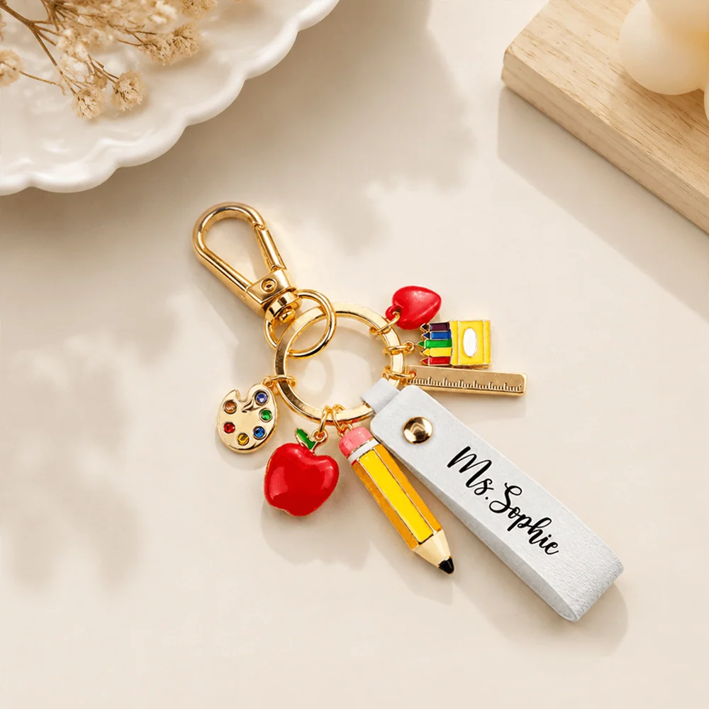 Pencil Palette Keychain with Apple, Ruler & Art Charms, Creative Gift for Teacher Appreciation - Image 2