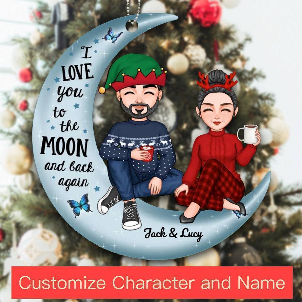 Couples Gifts - Gift For Husband and Wife - Christmas Doll Couple Sitting On Moon Personalized Ornament